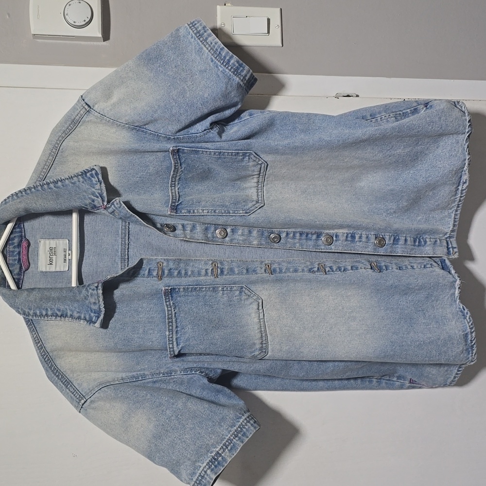 Women's blue denim button up short sleeve oversized summer cardigan top